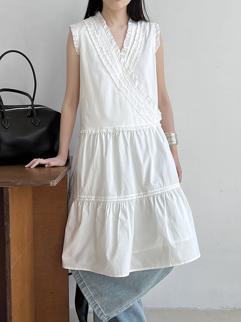 French oblique V-neck ruffle edge dress lace skirt women's spring new small fresh vest skirt