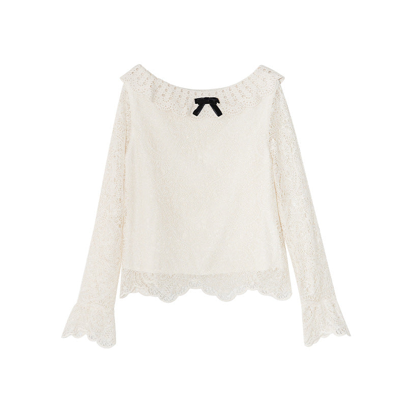 French foreign style sweet bow long sleeve hollow lace top