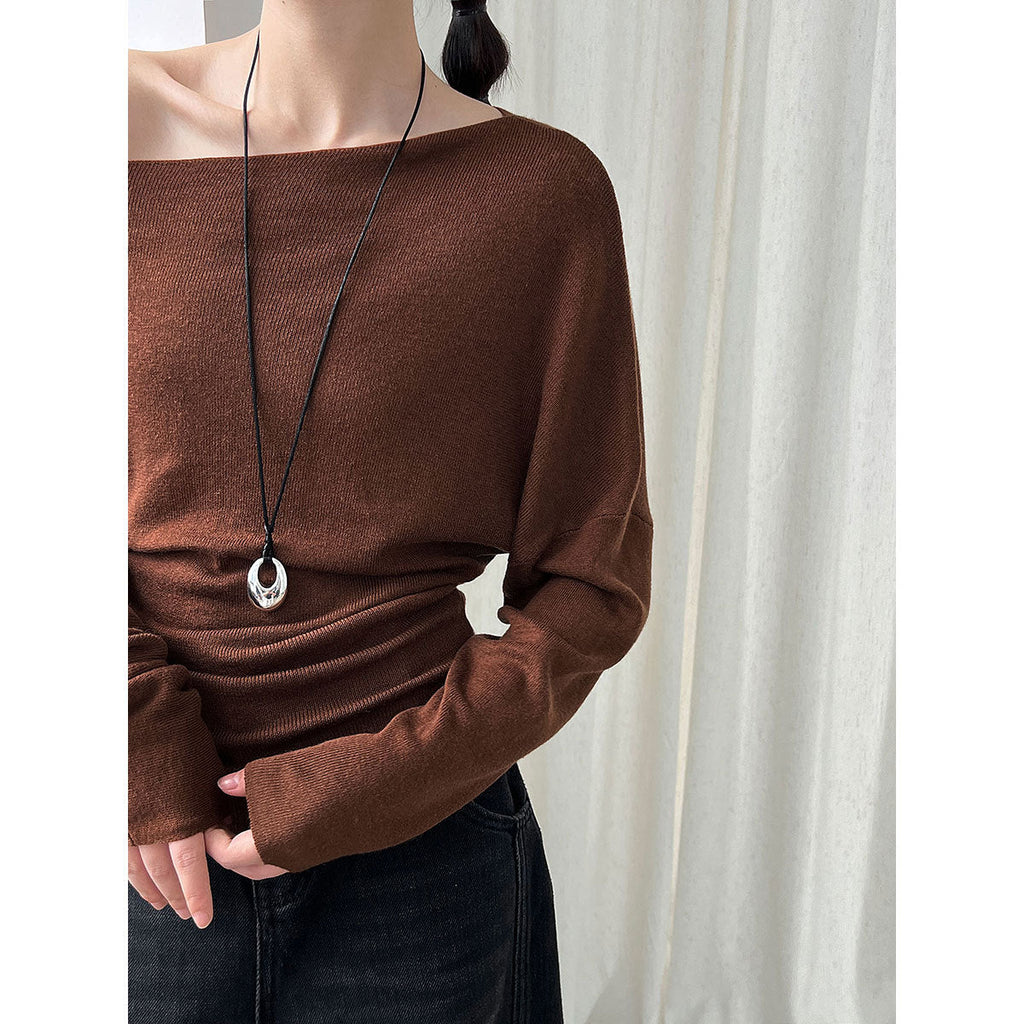 Design sense waist slim slanted shoulder knitted sweater women's autumn new long-sleeved off-the-shoulder top bottoming shirt ss780