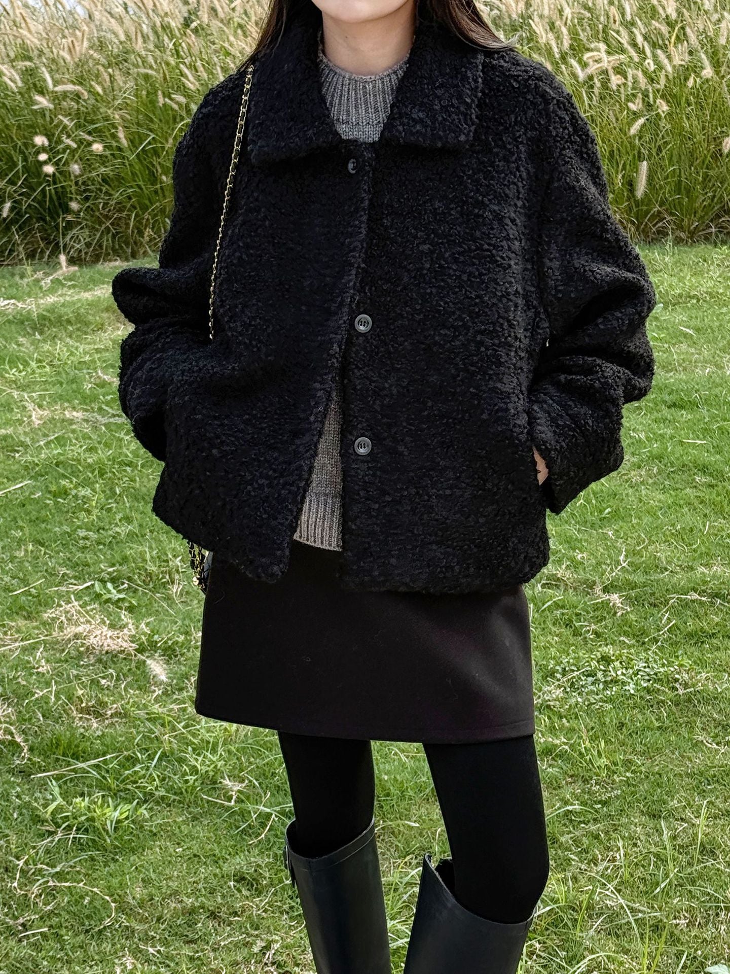 Niche design sense lamb wool lapel jacket women's winter new single-breasted short thermal top