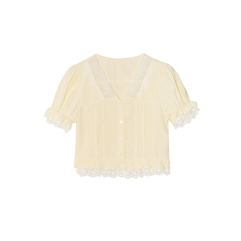 French Lace Trim V-Neck Puff Sleeve Cotton Shirt