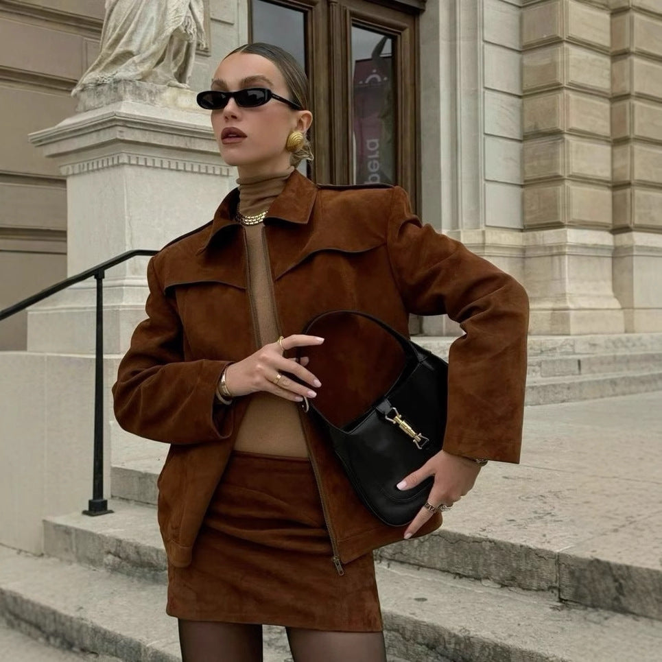 Women's new long-sleeved retro suede jacket women's fashion loose wind motorcycle jacket trench coat
