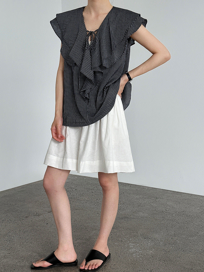 Korean design ruffle shirt women's summer new V-neck striped versatile and thin top