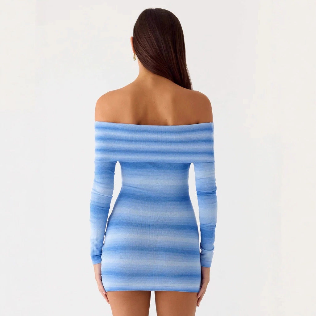 Autumn and winter striped long-sleeved knitted hip-wrapped short skirt slim-fitting sexy one-word shoulder dress