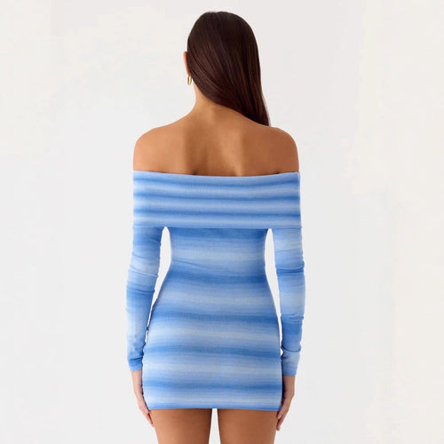 Autumn and winter striped long-sleeved knitted hip-wrapped short skirt slim-fitting sexy one-word shoulder dress