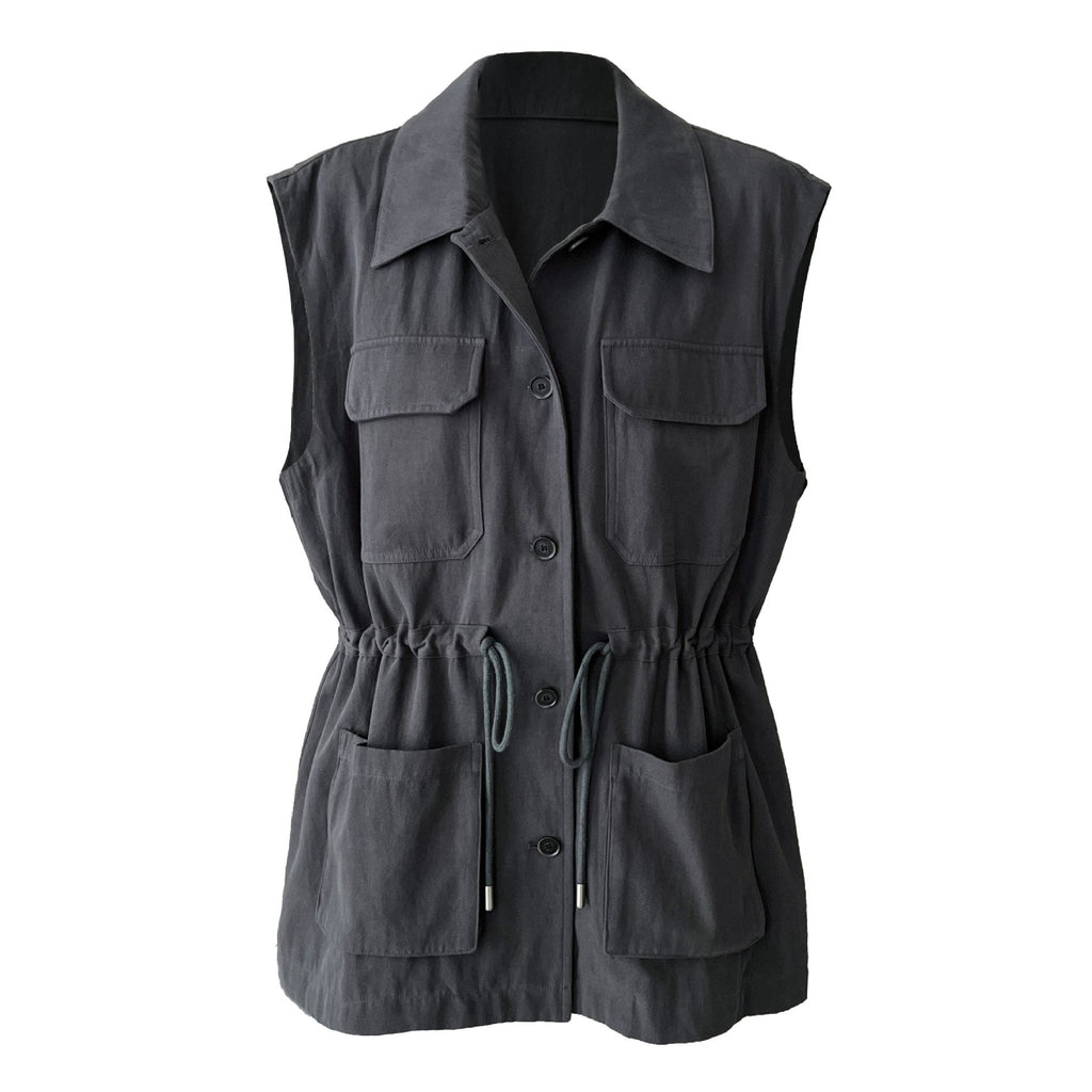 American design tooling style vest women's autumn new drawstring waist pocket sleeveless top