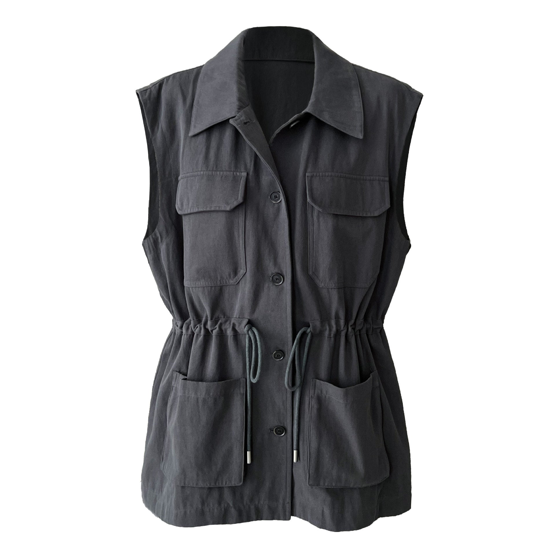 American design tooling style vest women's autumn new drawstring waist pocket sleeveless top