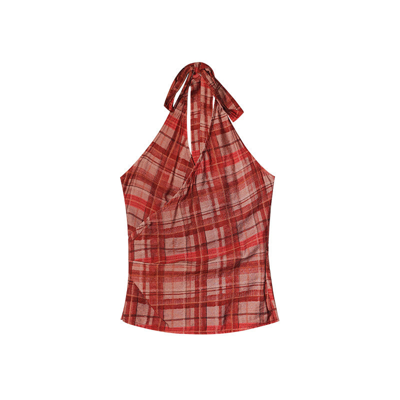 Sexy Spice Girl Halter Lace-Up Neck Checkered Small Suspender Vest