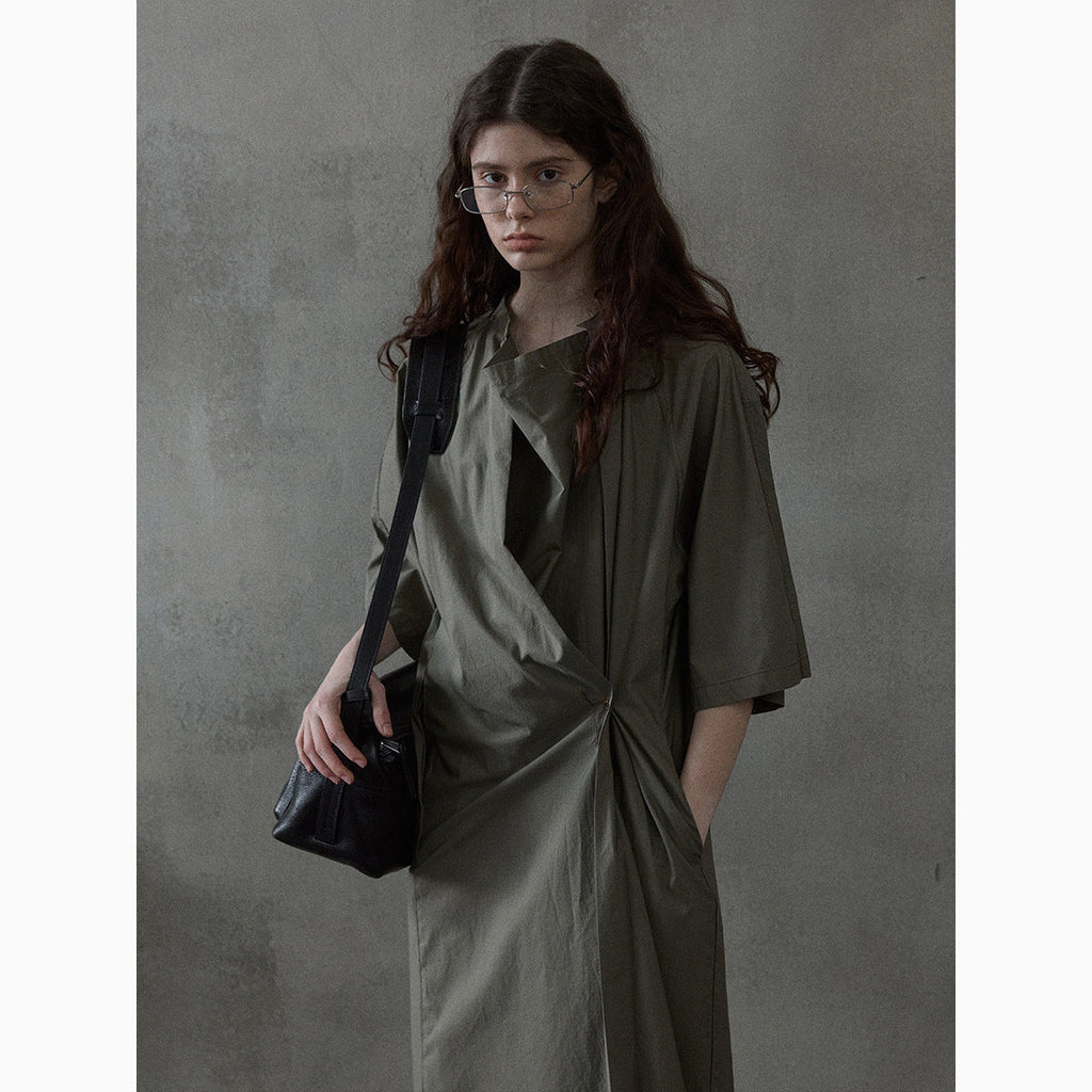 Contrasting color line irregular dress spring and summer new cotton swing collar short sleeve temperament commuting