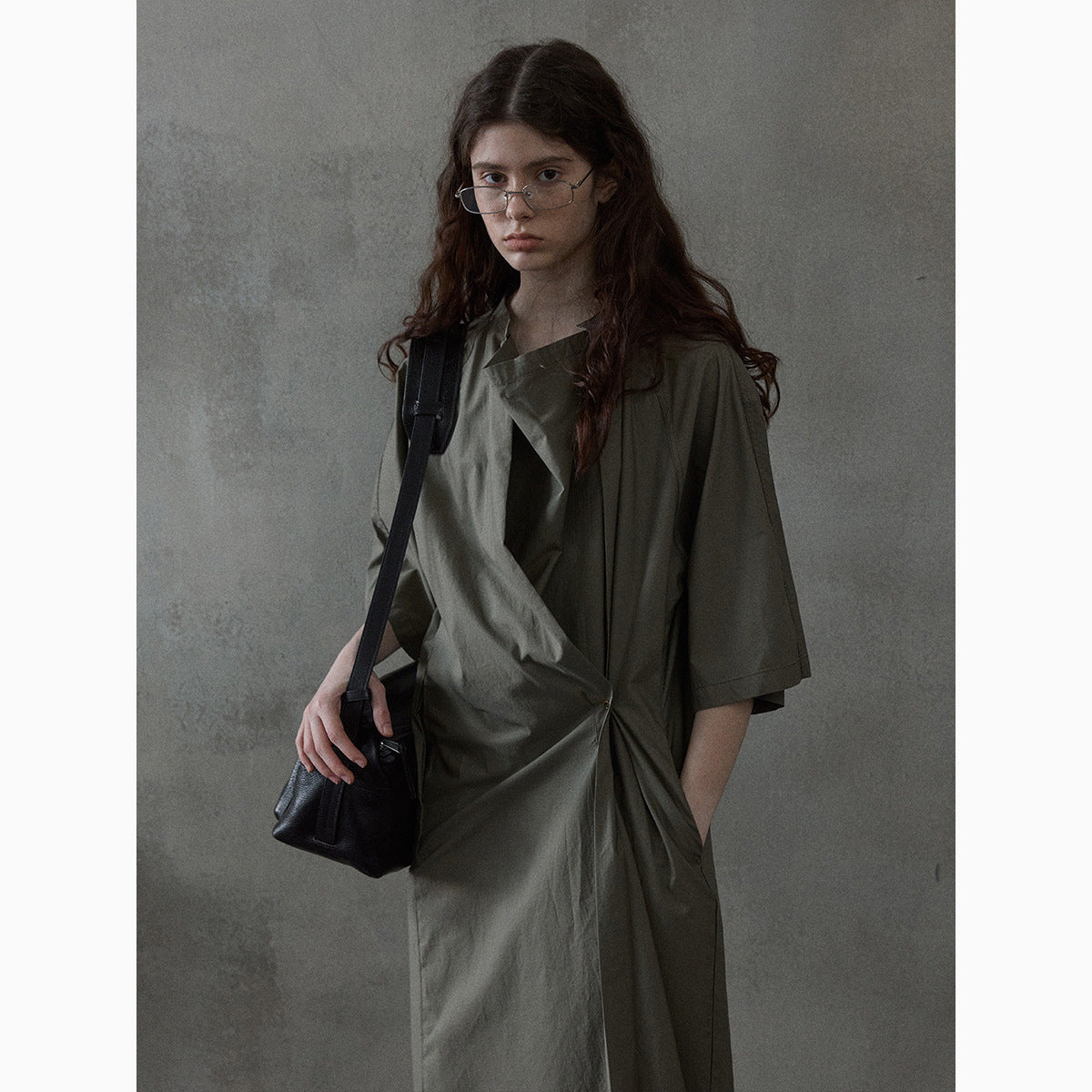 Contrasting color line irregular dress spring and summer new cotton swing collar short sleeve temperament commuting