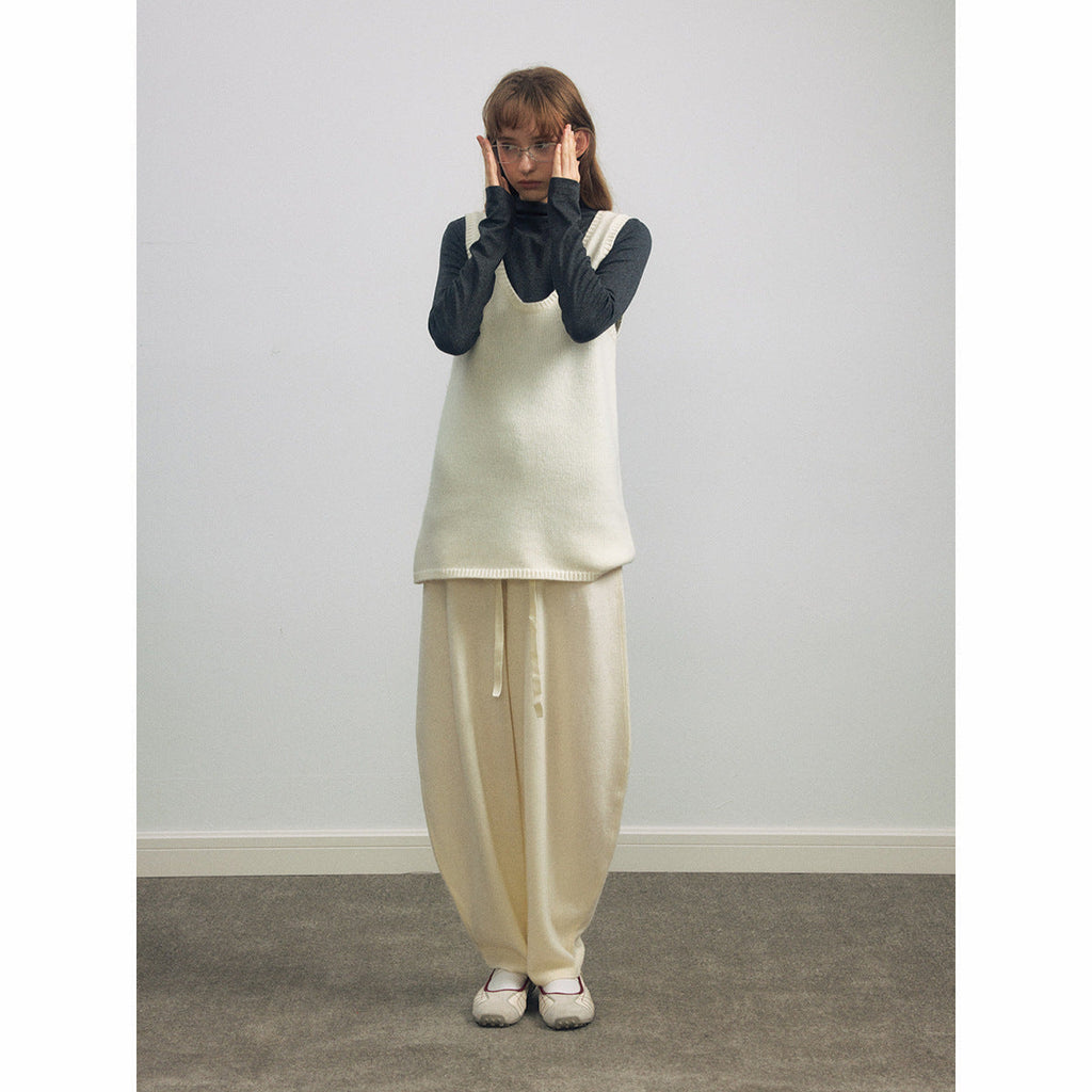Autumn new casual high-waisted lace-up full cashmere loose long wool pants for women