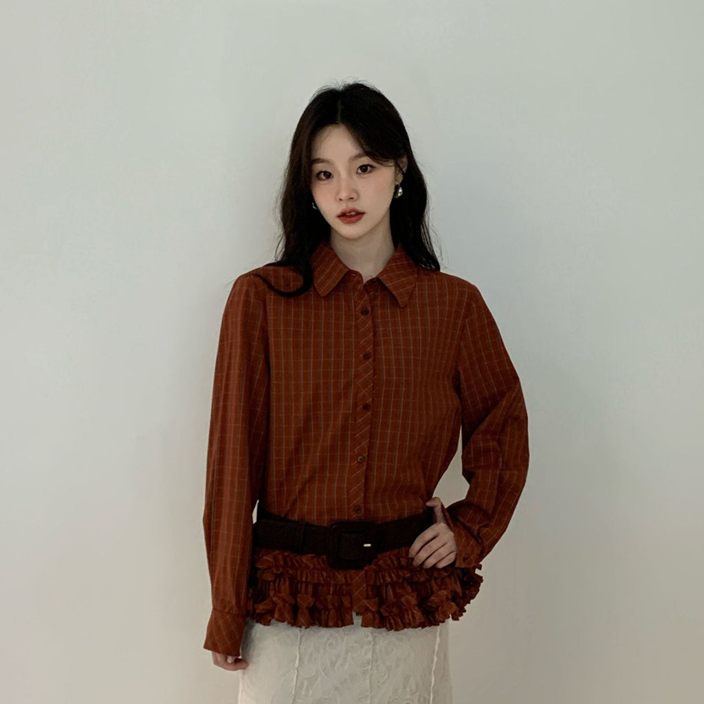 Autumn Merad retro fashion foreign style lapel long sleeve plaid shirt women