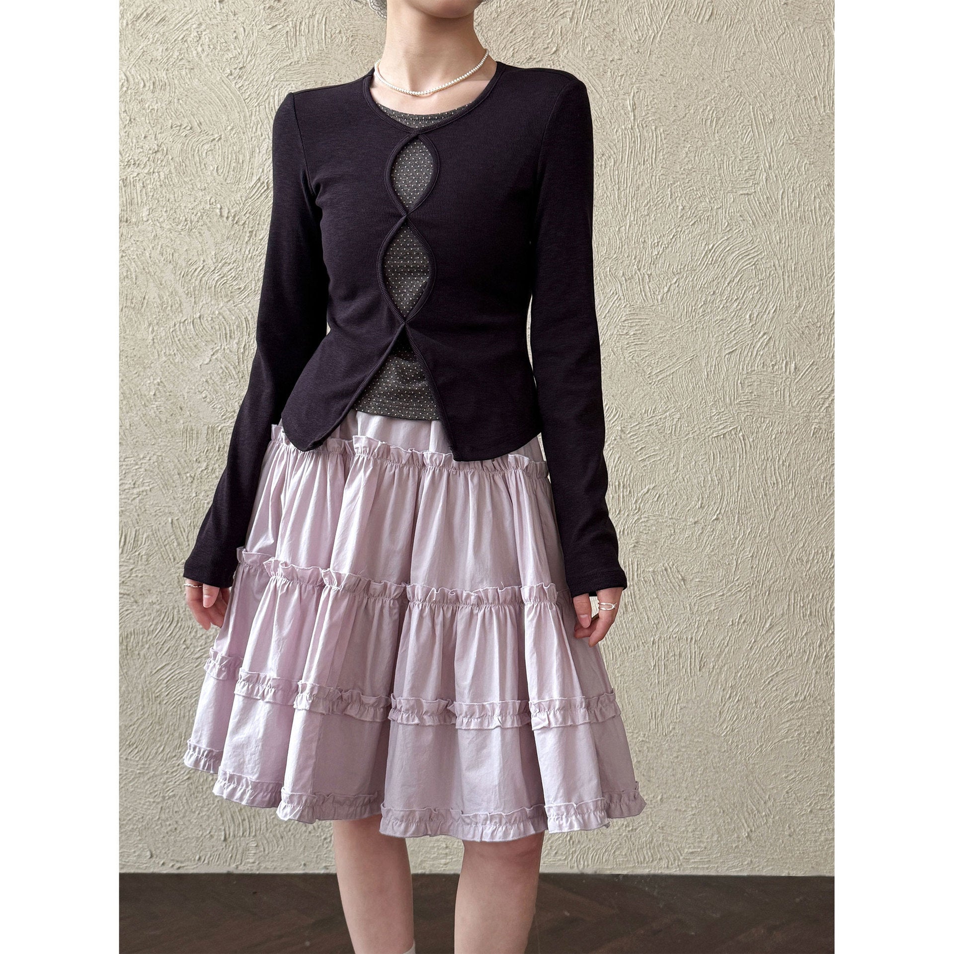 French pastoral fresh layering cake skirt women's spring new lace splicing elastic waist skirt