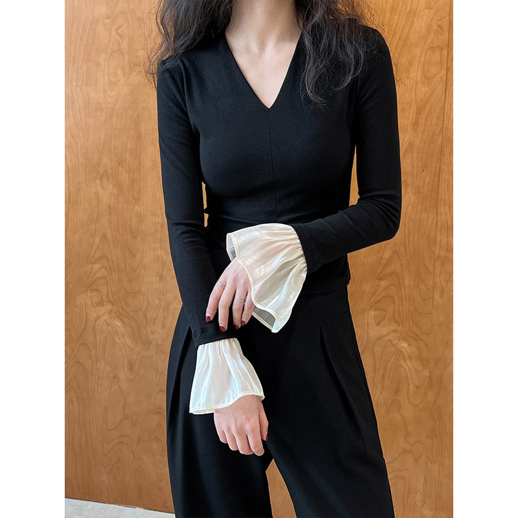 Pure desire ceiling~ V-neck knitted T-shirt splicing horn sleeves slim and thin Spice girl bottoming shirt women