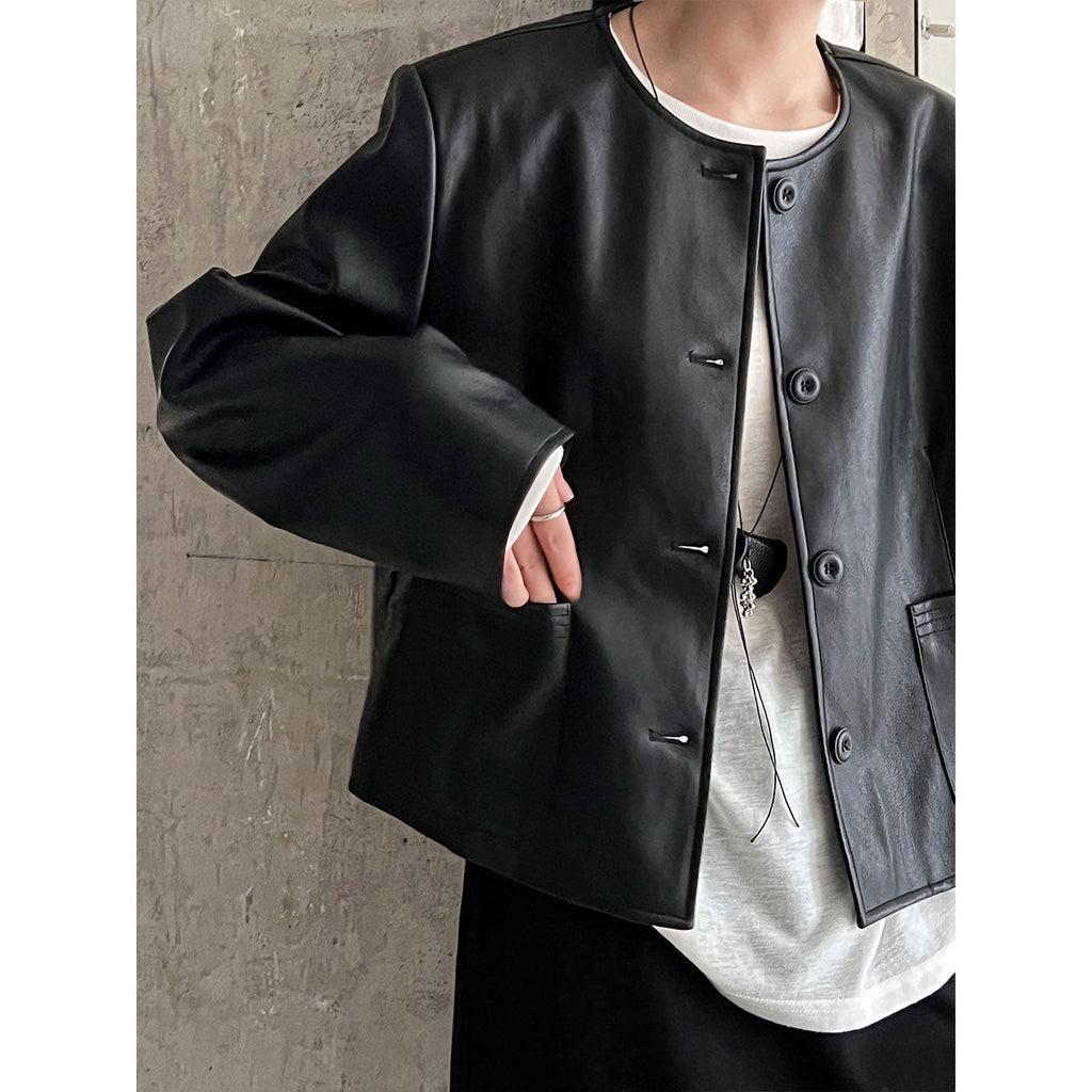 Crew neck Korean single-breasted short leather jacket for women