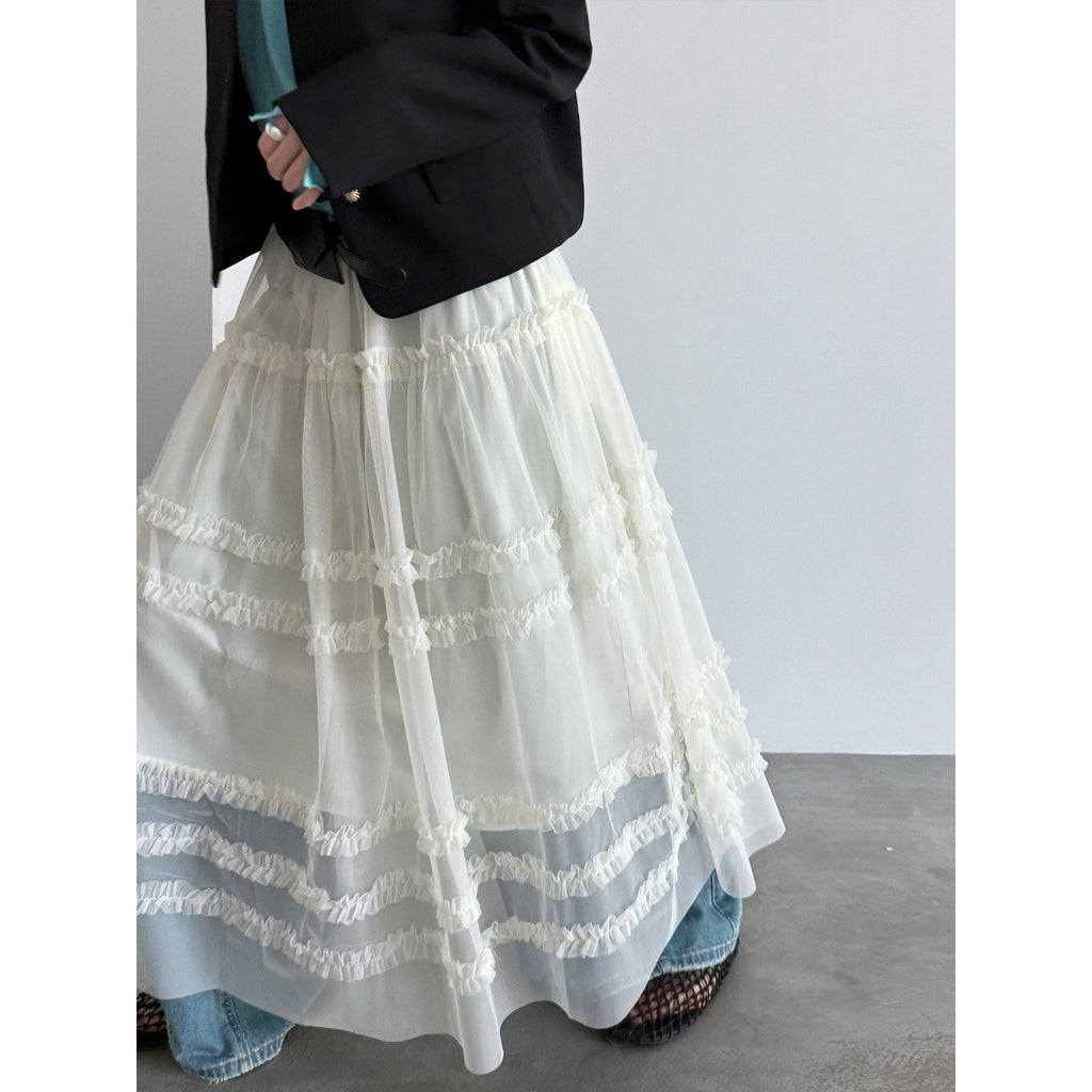 High-end fungus edge gentle temperament mesh long skirt women's spring new A-line cake skirt