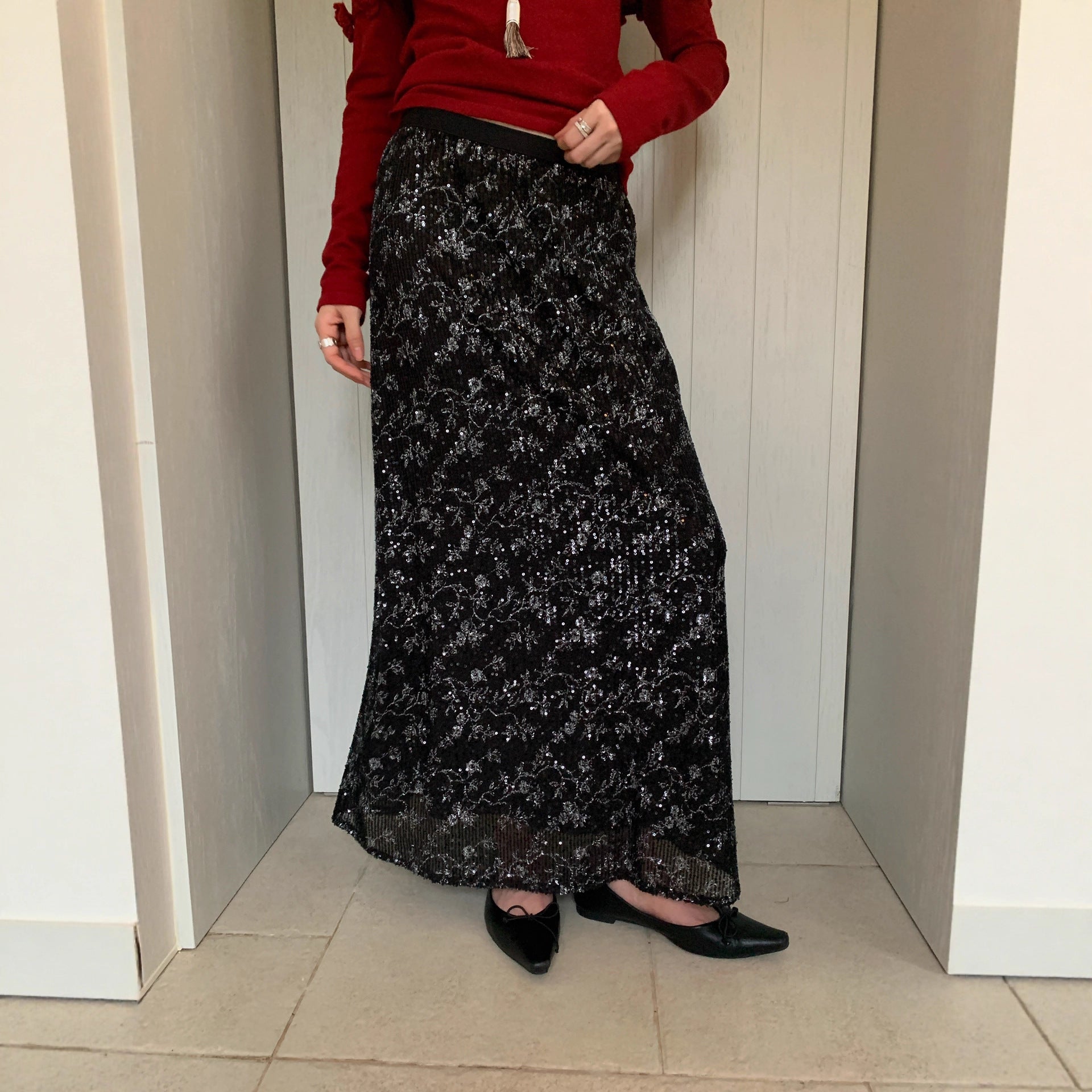 Women's Sequin Embroidered Straight-Cut Maxi Skirt