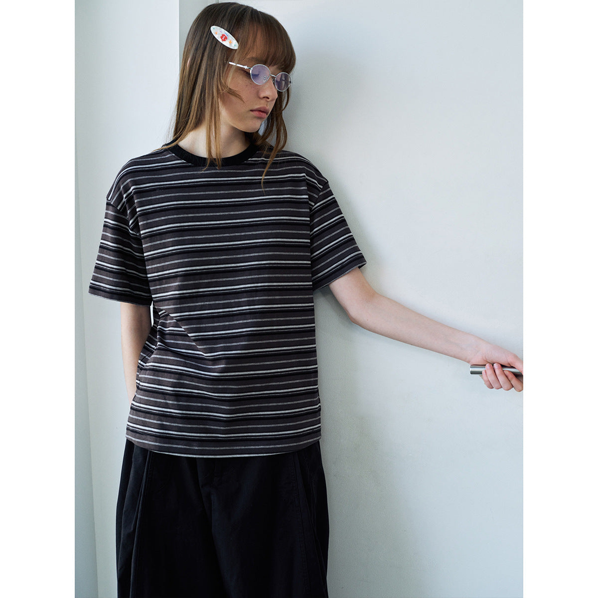 Spring new casual contrasting color crew neck striped easy versatile medium and long short-sleeved T-shirt