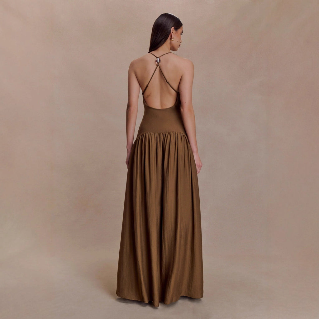 Fashion temperament Elegant V-neck beaded suspender skirt waist backless sexy dress