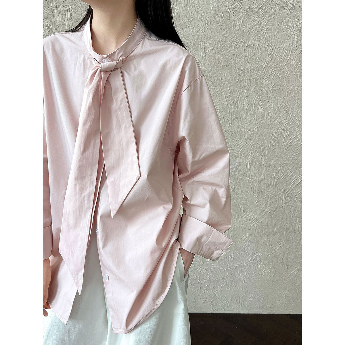 Korean design sense tie solid color shirt women's new temperament loose casual shirt