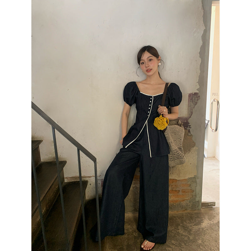 Retro Contrast Denim Square Neck Bubble Sleeve Shirt