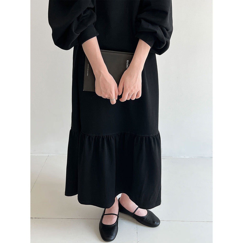 Japanese lapel splicing ruffle edge sweater long dress women's autumn new loose meat cover dress