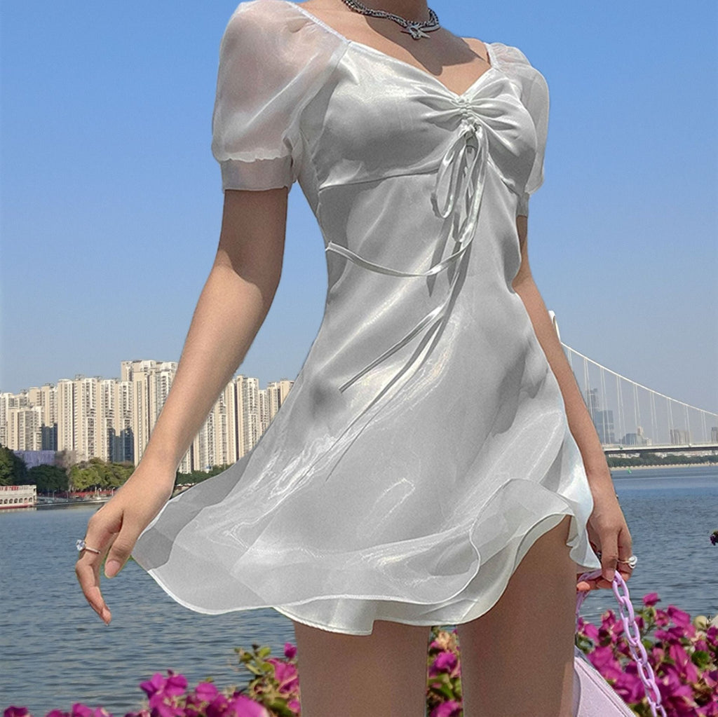 Spice Girl Vintage Waist Princess Dress Bubble Sleeves Meat Through Organza Mini Dress