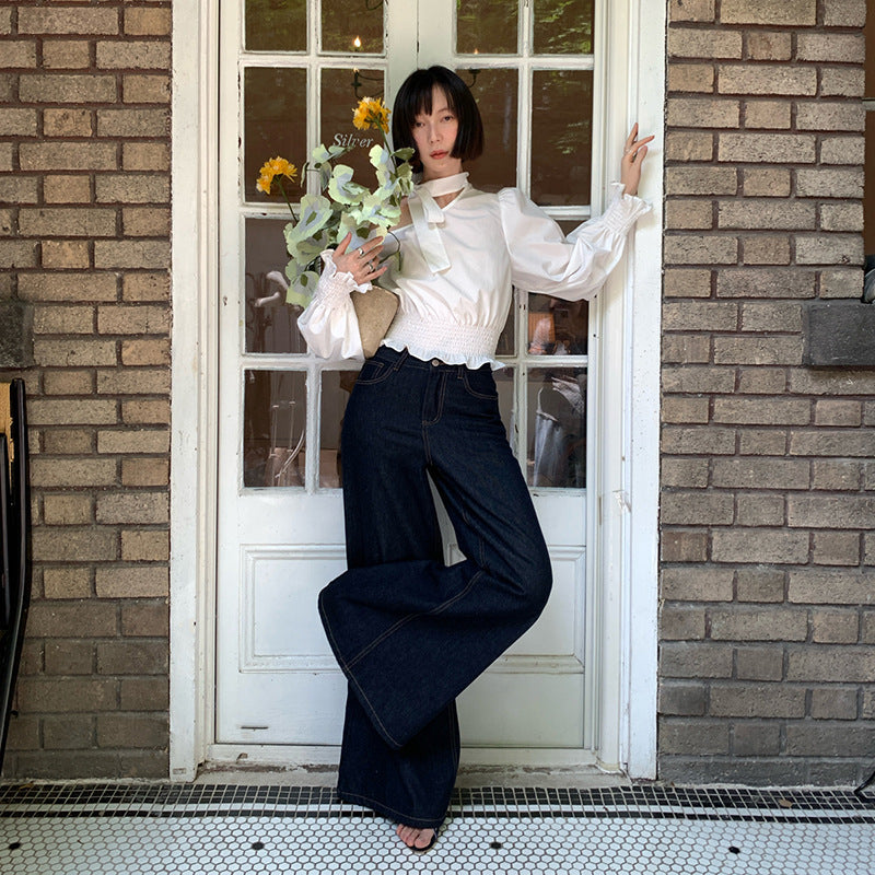 Early autumn retro micro-pull jeans women's dark blue thin flared pants