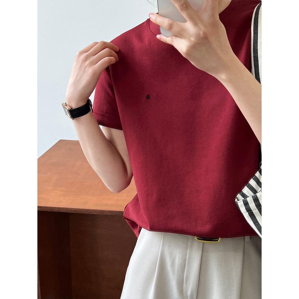 Letter embroidery simple short-sleeved T-shirt women's spring and summer new inner pullover bottoming shirt front shoulder top