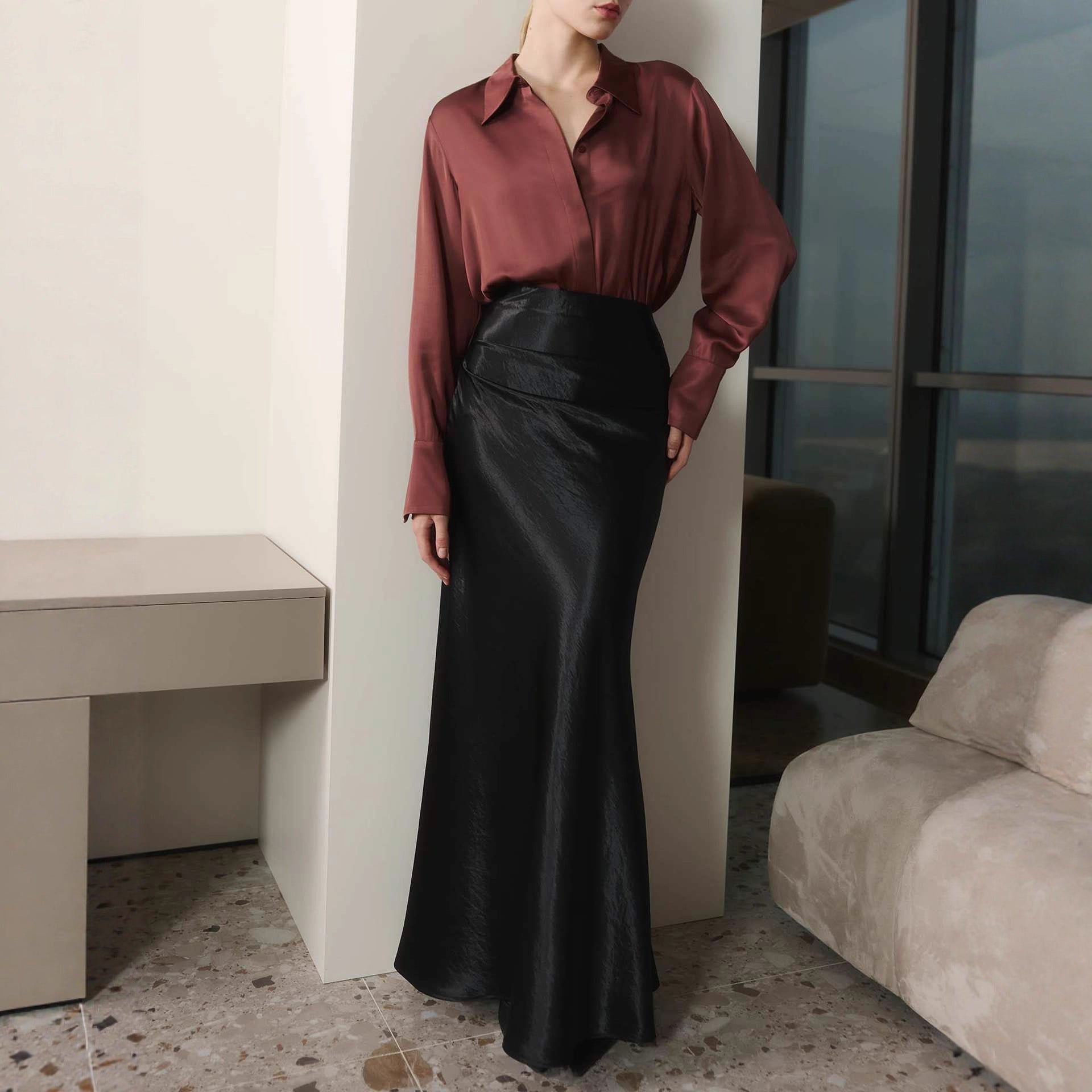 French satin skirt autumn and winter high waist hip skirt pleated A-shaped long skirt