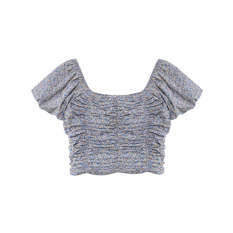 French Floral Pleated Bubble Sleeve Top
