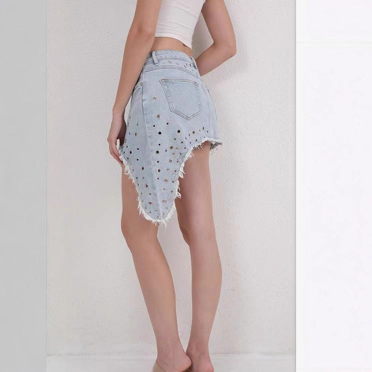 Stylish sexy denim skirt ripped irregular bevelled skirt