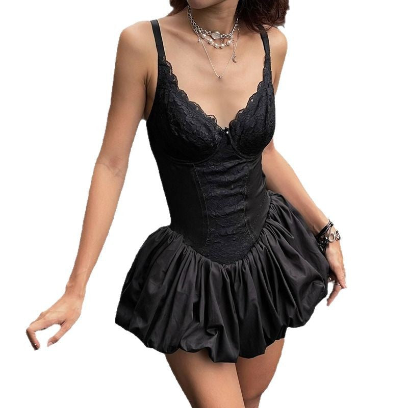 Slim lace splicing sexy hottie puffy skirt waist thin suspender dress