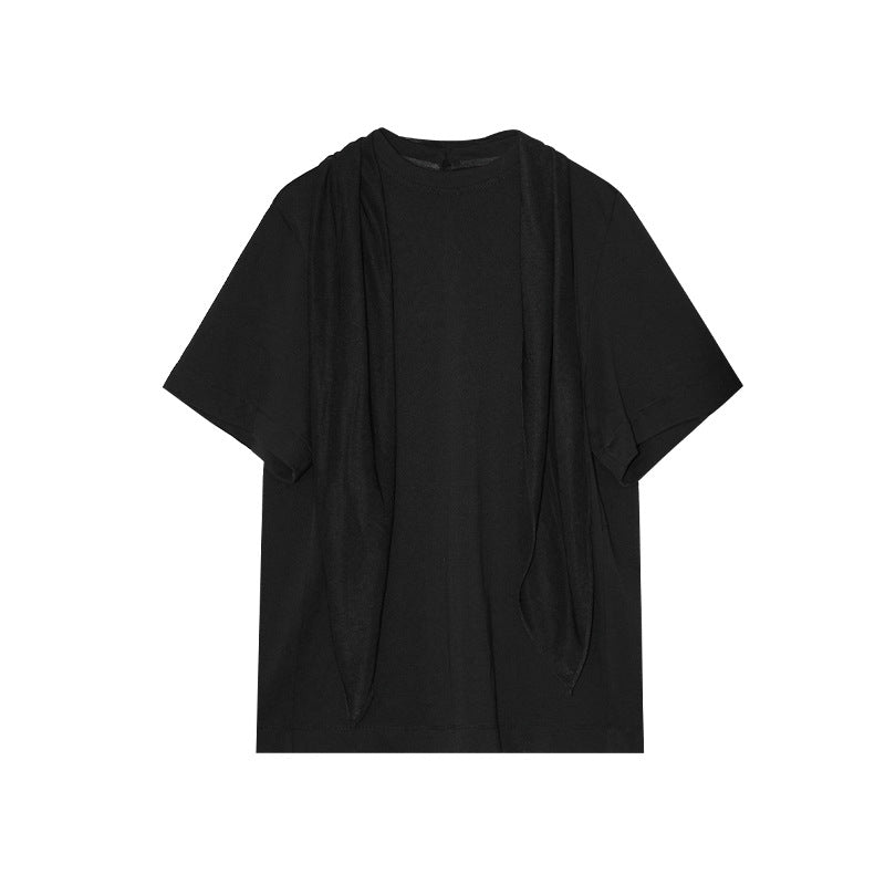 Celebrity scarf collar streamer pure cotton loose short-sleeved T-shirt