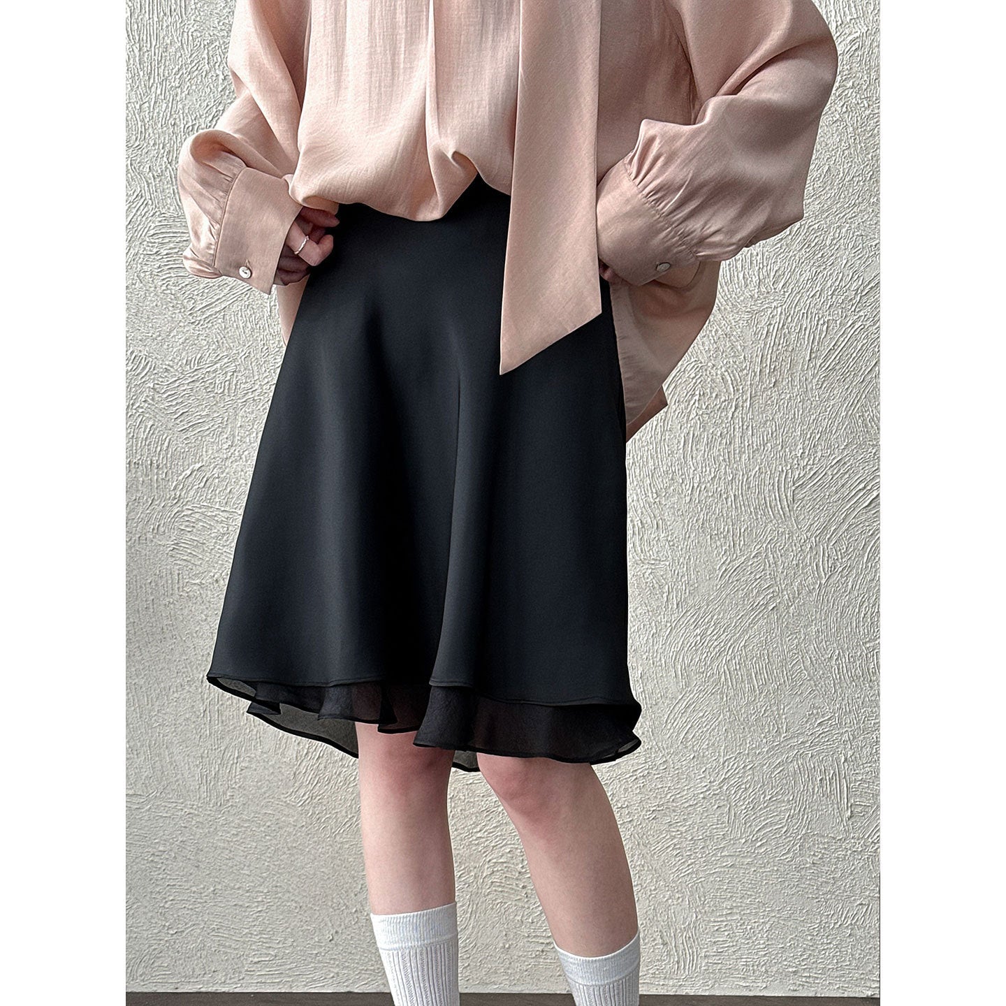 Korean gentle wind splicing skirt women's early spring versatile silky slippery lotus leaf edge a-word skirt