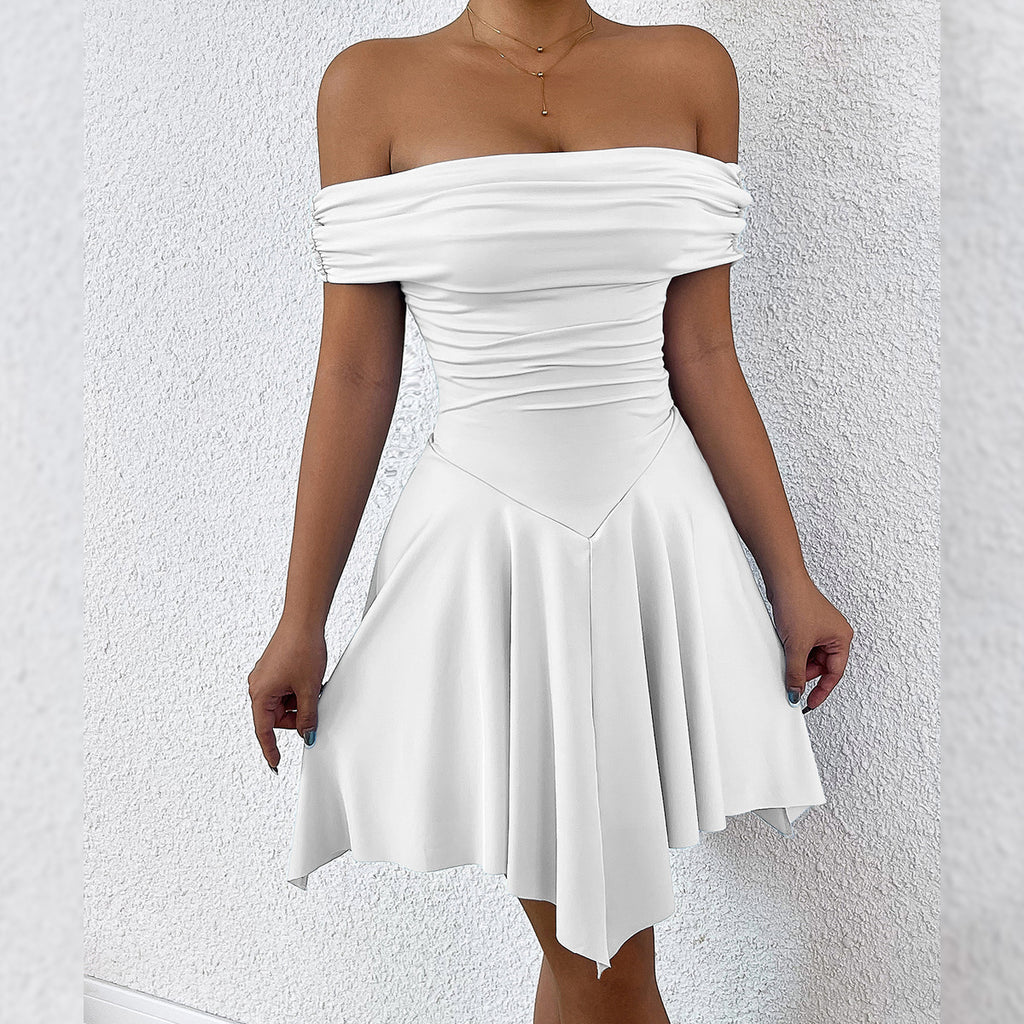 One-Shoulder Tube Top Dress Women Elastic Waist Irregular Hem Mini