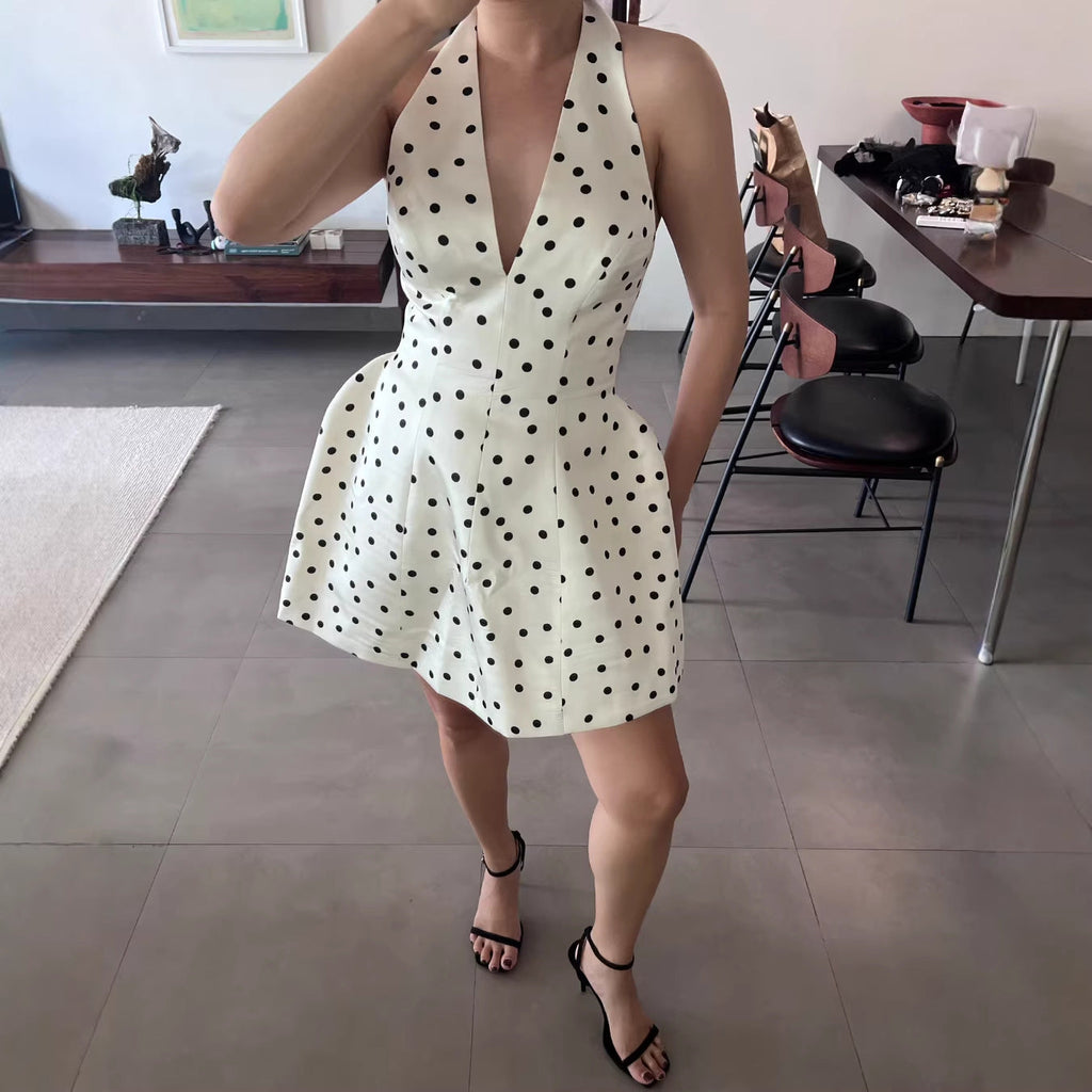 Fashion polka dot sexy deep V-neck sleeveless neck A-word short skirt waist slim dress