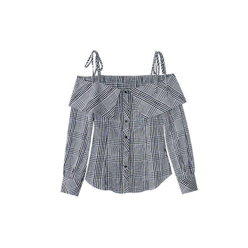 Vintage age-reducing ruffle edge striped long-sleeved suspender shirt