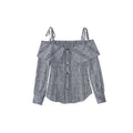 Vintage age-reducing ruffle edge striped long-sleeved suspender shirt