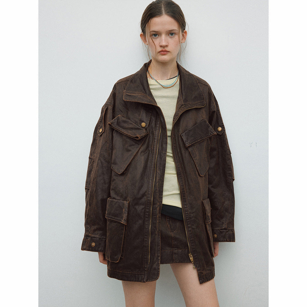 Spring new casual lapel retro old multi-pocket versatile long jacket