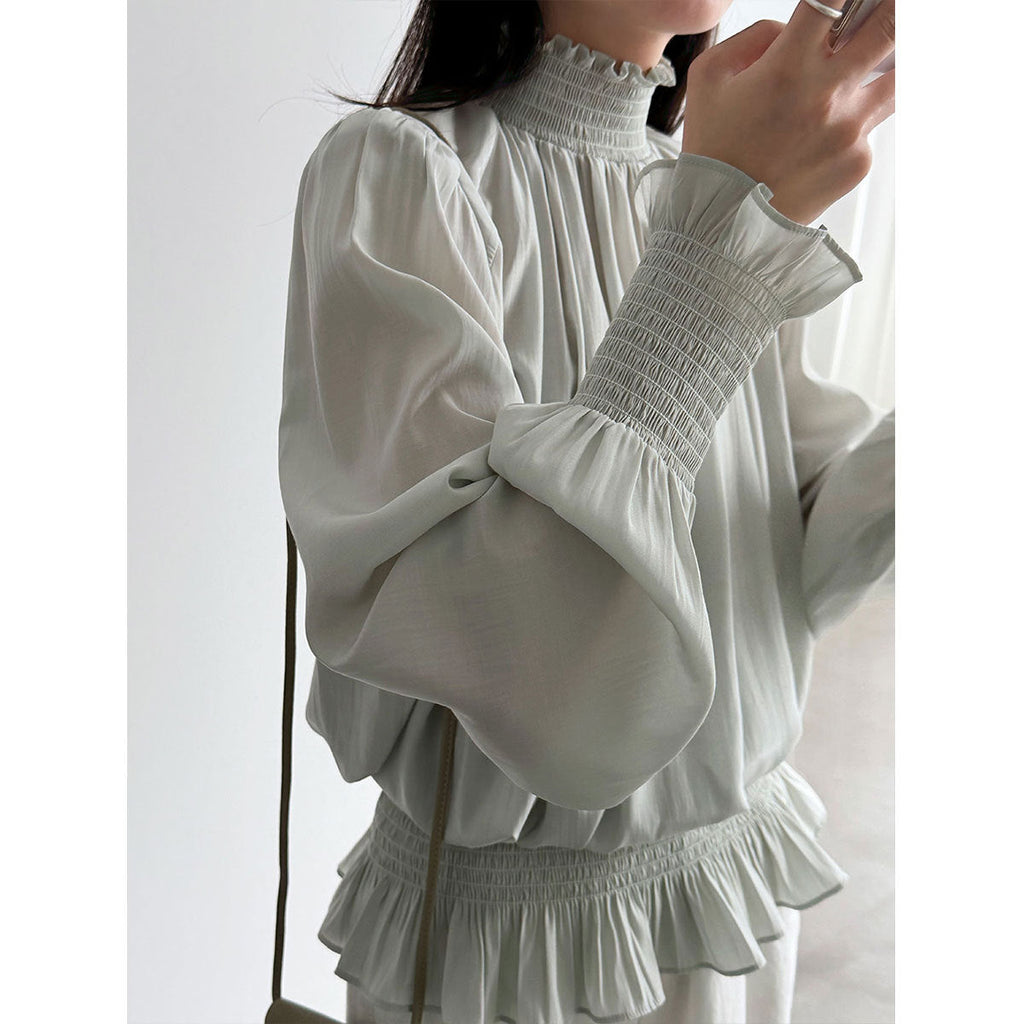 French pleated shirt spring court style petal sleeve bubble sleeve gentle shirt top