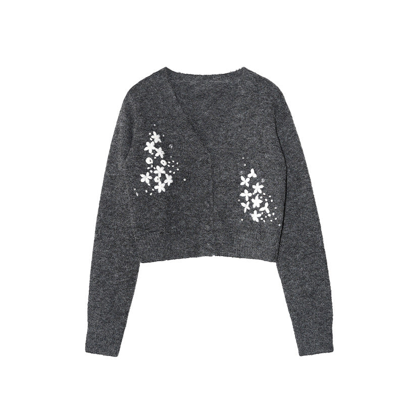 Gentle and sweet wool deep v-neck long-sleeved jacquard sweater cardigan