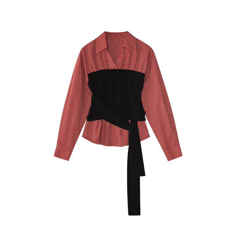 Fake two-piece contrasting splicing strap waist long-sleeved shirt