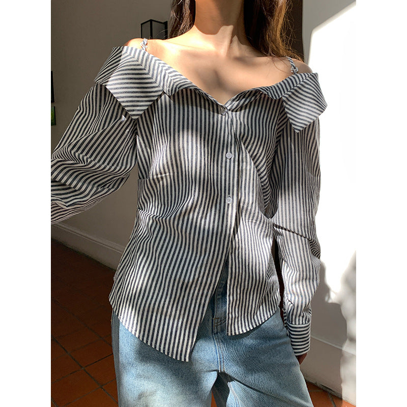 Fashion pure desire temperament one-word shoulder striped shirt