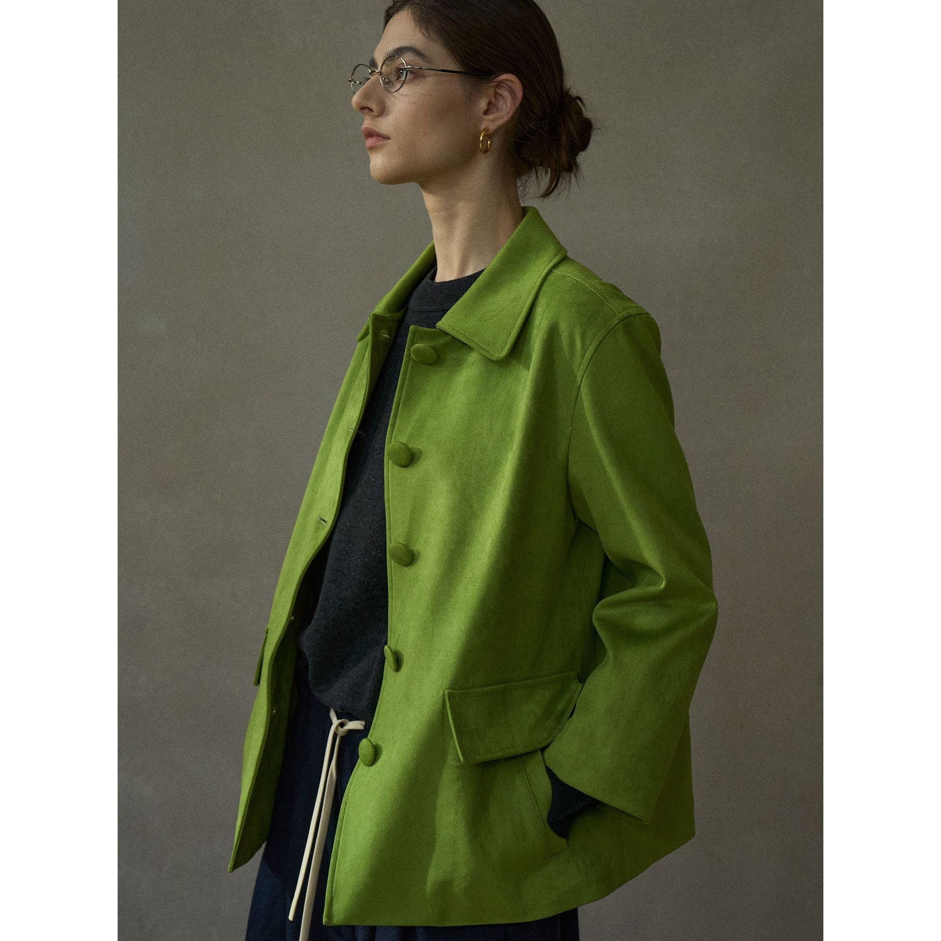 Autumn new suede big round leather bag buckle satin retro versatile short jacket