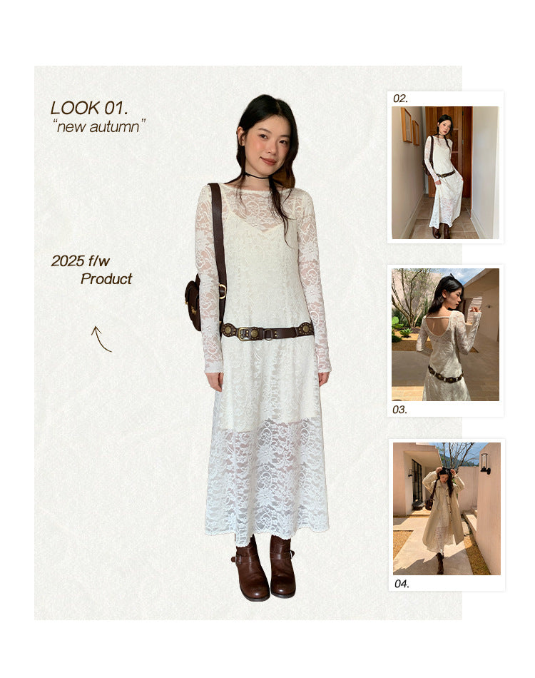 French celebrity temperament waist hip hollow lace dress women F6630