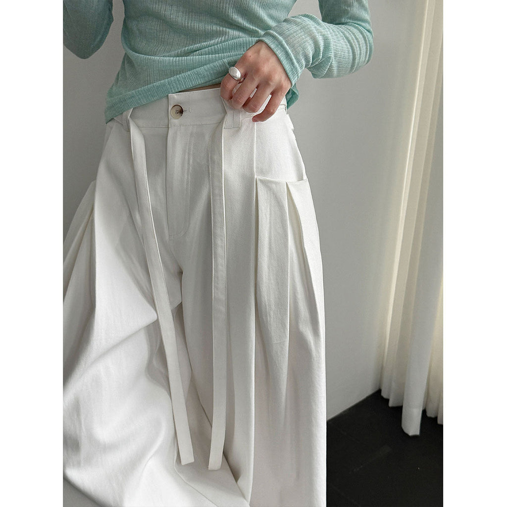 Korean design waist lace-up wide-leg pants women's 26 spring new pleated versatile casual pants
