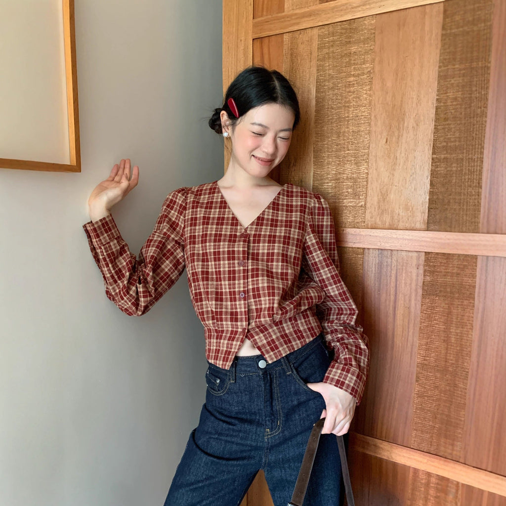Women's V-Neck Plaid Print Single-Breasted Long Sleeve Cotton Shirt