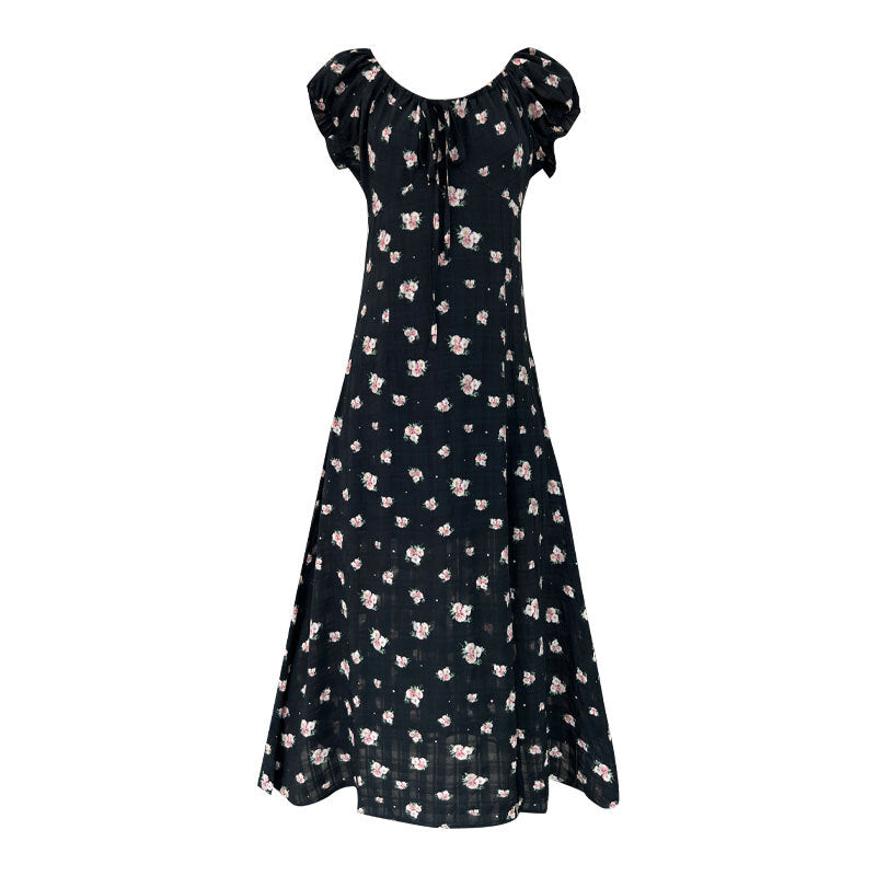 French coffee break bubble sleeve floral dress summer waist thin neckline drawstring long dress