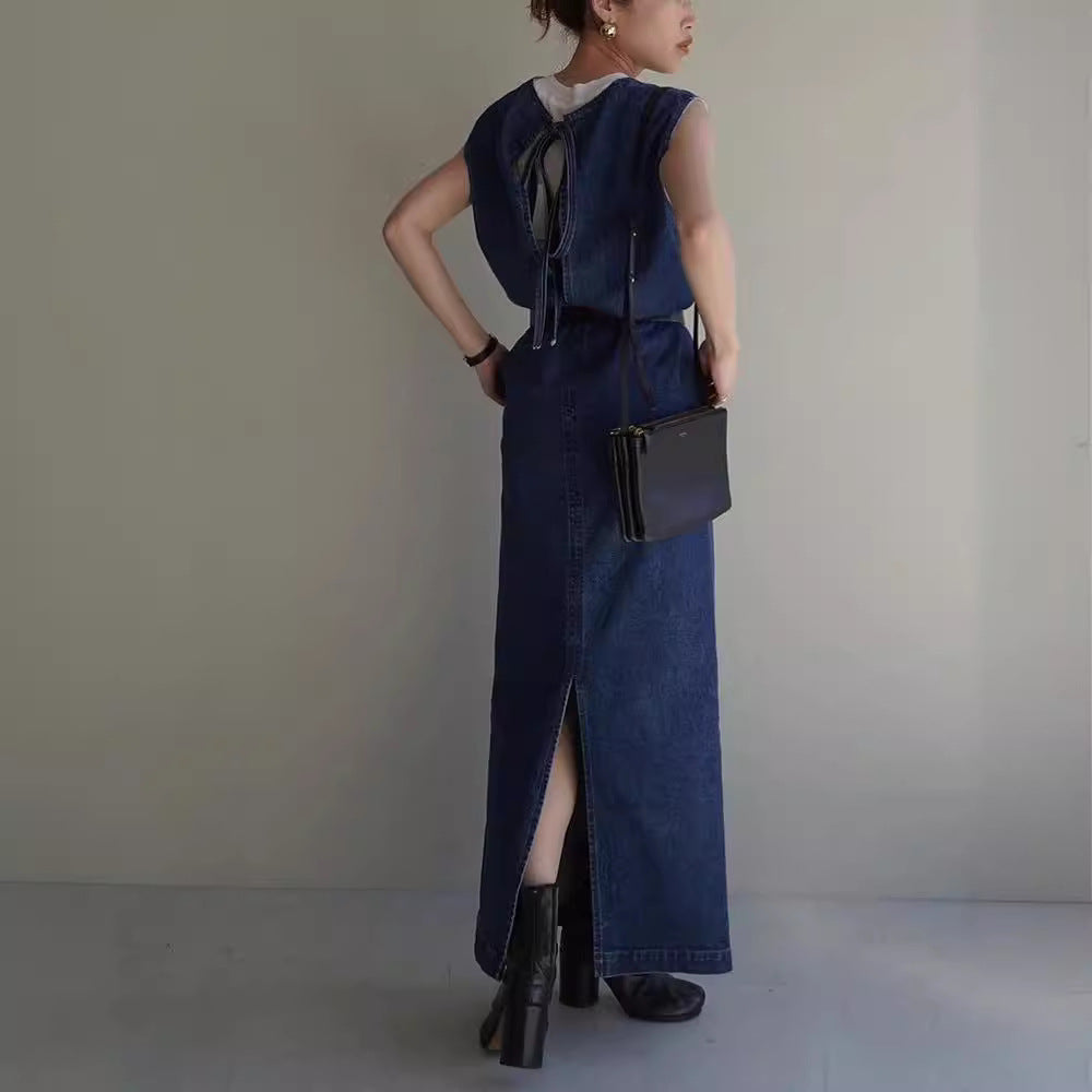 Sleeveless Denim Dress Women Loose Fit A-Line Washed Maxi